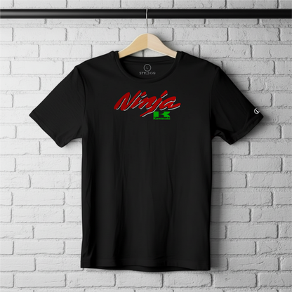 Black Stylingo T-shirt featuring the Ninja Kawasaki motorcycle-inspired graphic design.