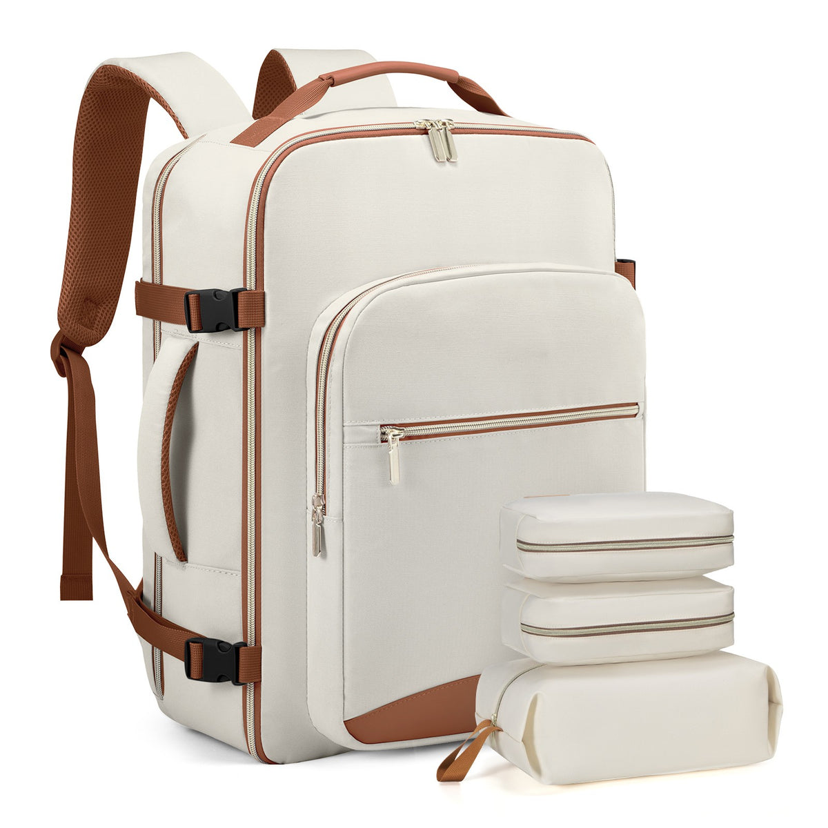 Cream and brown canvas 40L travel backpack with three packing cubes.