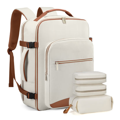 Cream and brown canvas 40L travel backpack with three packing cubes.