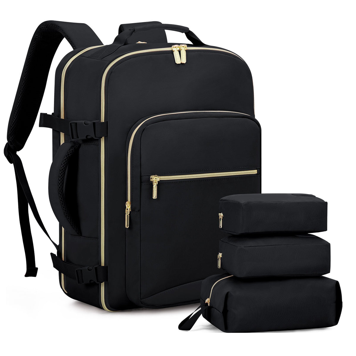 Black canvas 40L travel backpack with three packing cubes.