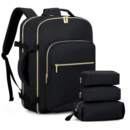 Black canvas 40L travel backpack with three packing cubes.