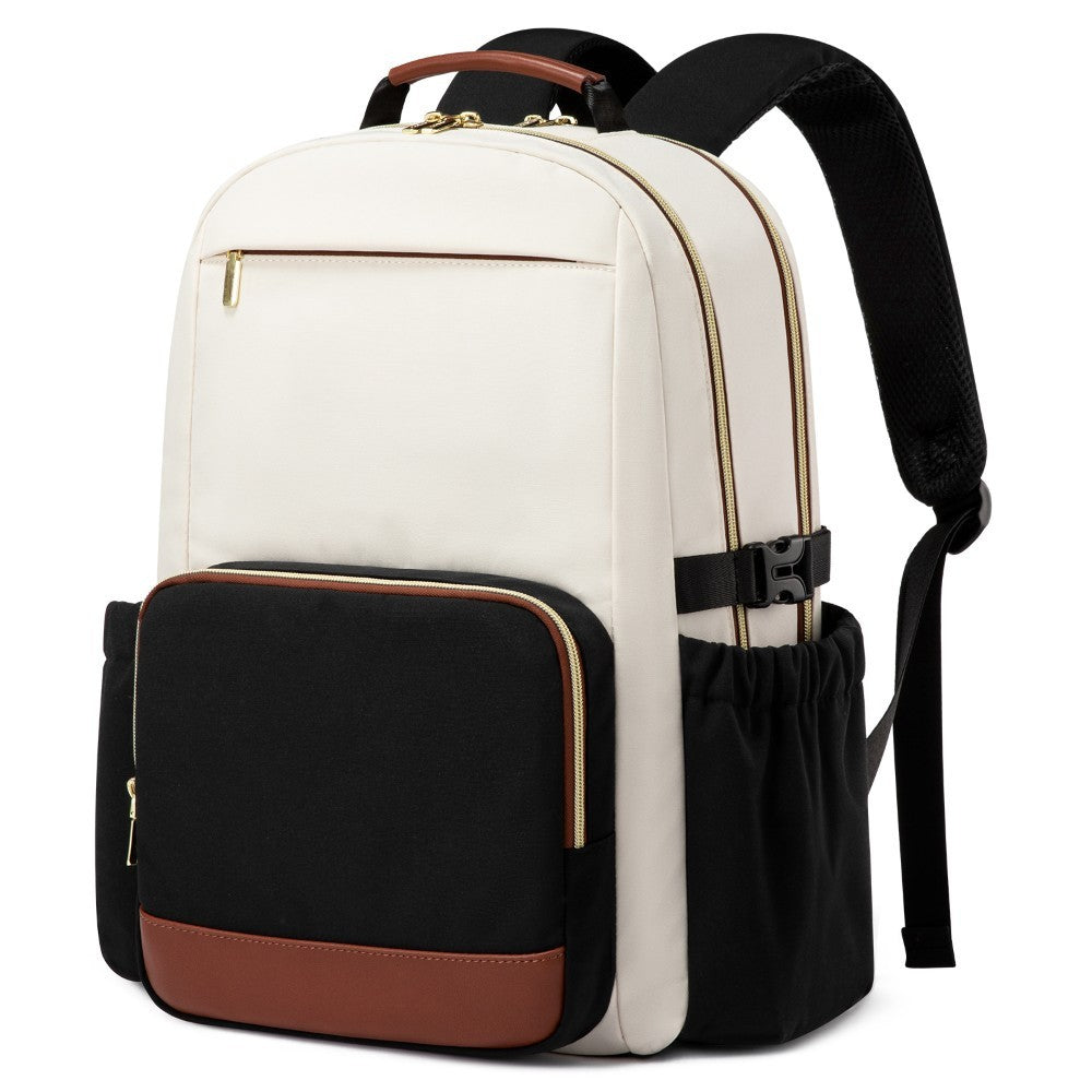Cream and black laptop backpack with spacious compartments and padded shoulder straps.