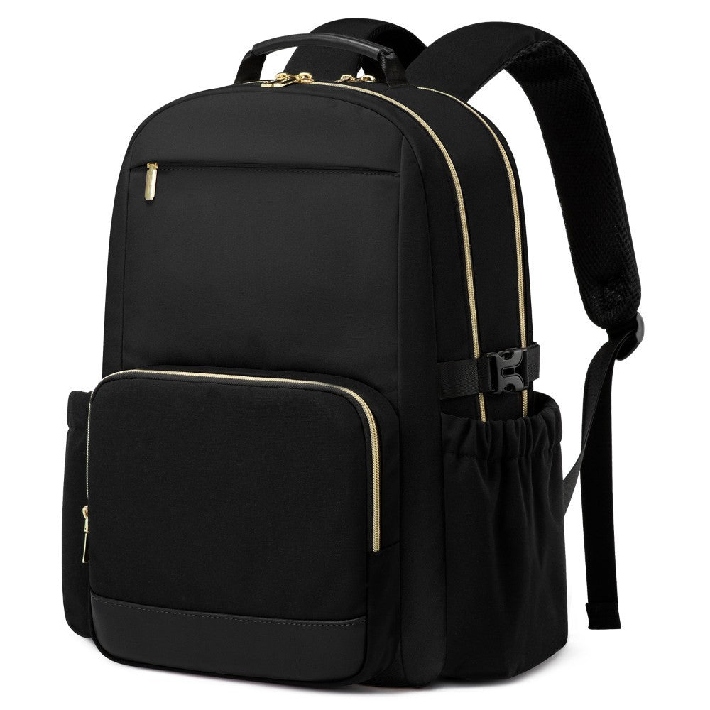 Black laptop backpack with spacious compartments and padded shoulder straps.