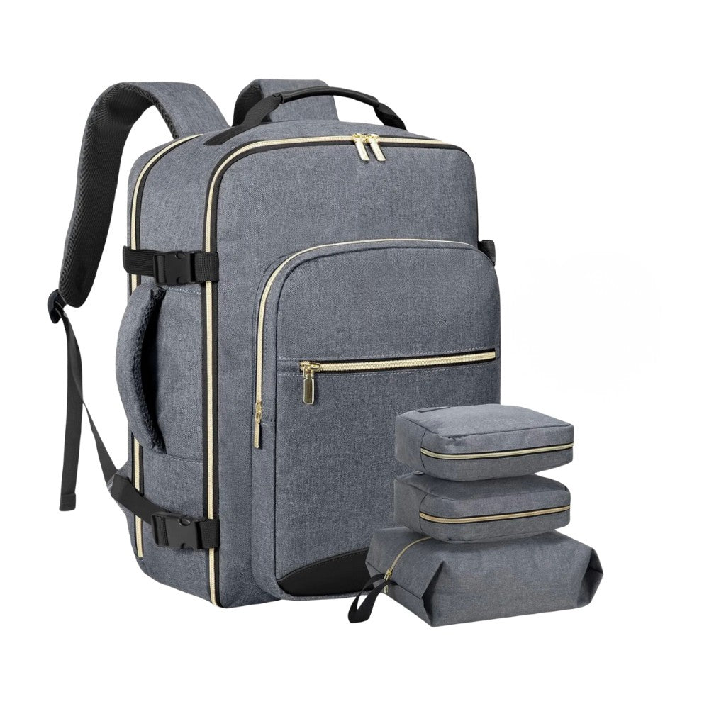 Grey canvas 40L travel backpack with three packing cubes.
