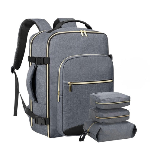 Grey canvas 40L travel backpack with three packing cubes.