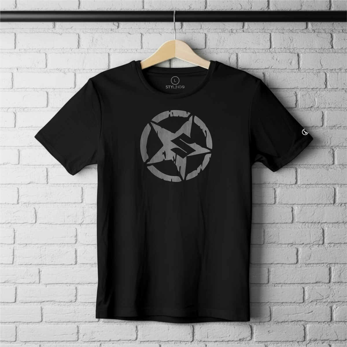 Black Stylingo T-shirt featuring the Suzuki Star motorcycle-inspired graphic design.