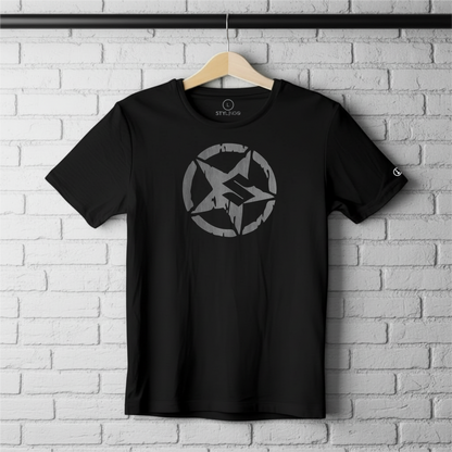Black Stylingo T-shirt featuring the Suzuki Star motorcycle-inspired graphic design.