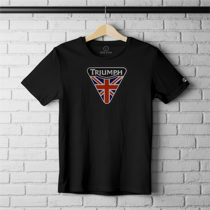Black Stylingo T-shirt featuring the Triumph motorcycle-inspired graphic design.