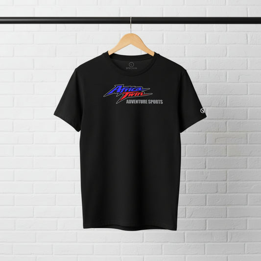 Black Stylingo Africa Twin Adventure motorcycle T-shirt featuring a graphic design on the chest.