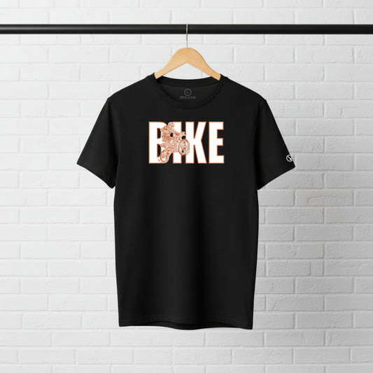 Black Stylingo BIKE motorcycle T-shirt featuring a bold motorcycle graphic design on the chest.