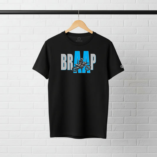 Black Stylingo BRAAP motorcycle T-shirt featuring a bold dirt bike graphic design on the chest.