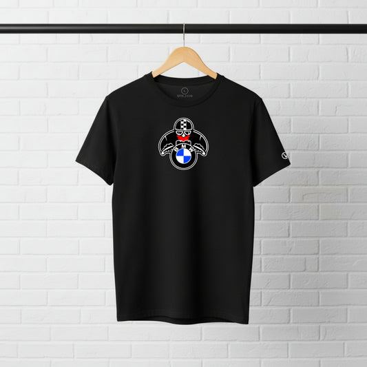 Black Stylingo Cafe Racer motorcycle T-shirt featuring a cafe racer graphic design on the chest.