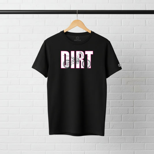 Black Stylingo DIRT motorcycle T-shirt featuring a bold dirt bike graphic design on the chest.