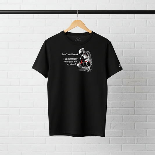 Black Stylingo Don't Want To Work motorcycle T-shirt featuring a motorcycle graphic design on the chest.