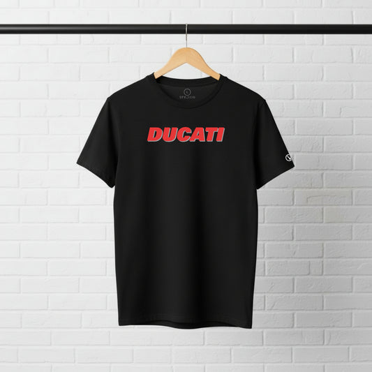 Black Stylingo Ducati Red motorcycle T-shirt featuring a red Ducati-inspired graphic design on the chest.