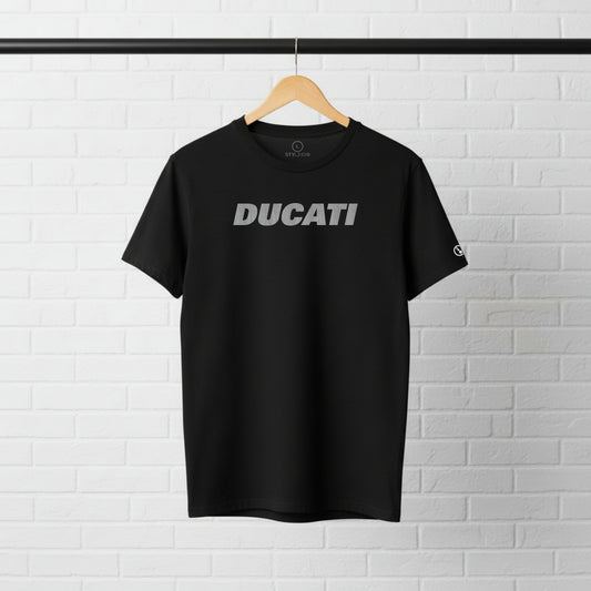 Black Stylingo Ducati Silver motorcycle T-shirt featuring a silver Ducati-inspired graphic design on the chest.