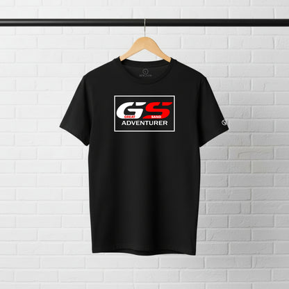 Black Stylingo GS - Great Sand Adventurer motorcycle T-shirt featuring an adventure motorcycle graphic design on the chest.