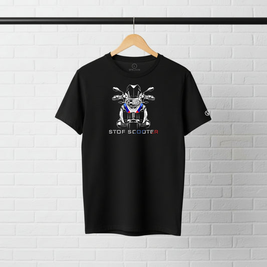 Black Stylingo GS - Stof Scooter motorcycle T-shirt featuring an adventure motorcycle graphic design on the chest.
