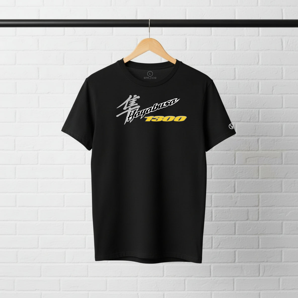 Black Stylingo Hayabusa Yellow motorcycle T-shirt featuring a yellow Hayabusa-inspired graphic design on the chest.
