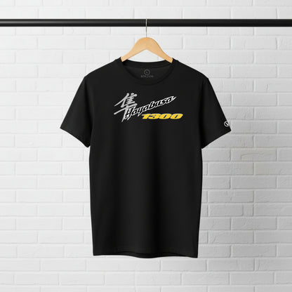 Black Stylingo Hayabusa Yellow motorcycle T-shirt featuring a yellow Hayabusa-inspired graphic design on the chest.