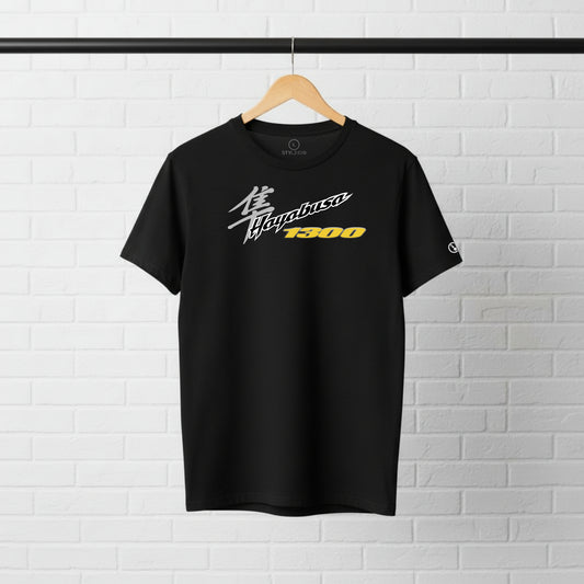 Black Stylingo Hayabusa Yellow motorcycle T-shirt featuring a yellow Hayabusa-inspired graphic design on the chest.