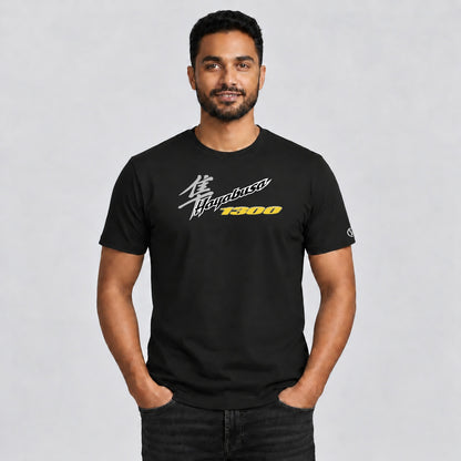 Male model wearing a black Stylingo Hayabusa Yellow motorcycle graphic T-shirt in a casual lifestyle setting.