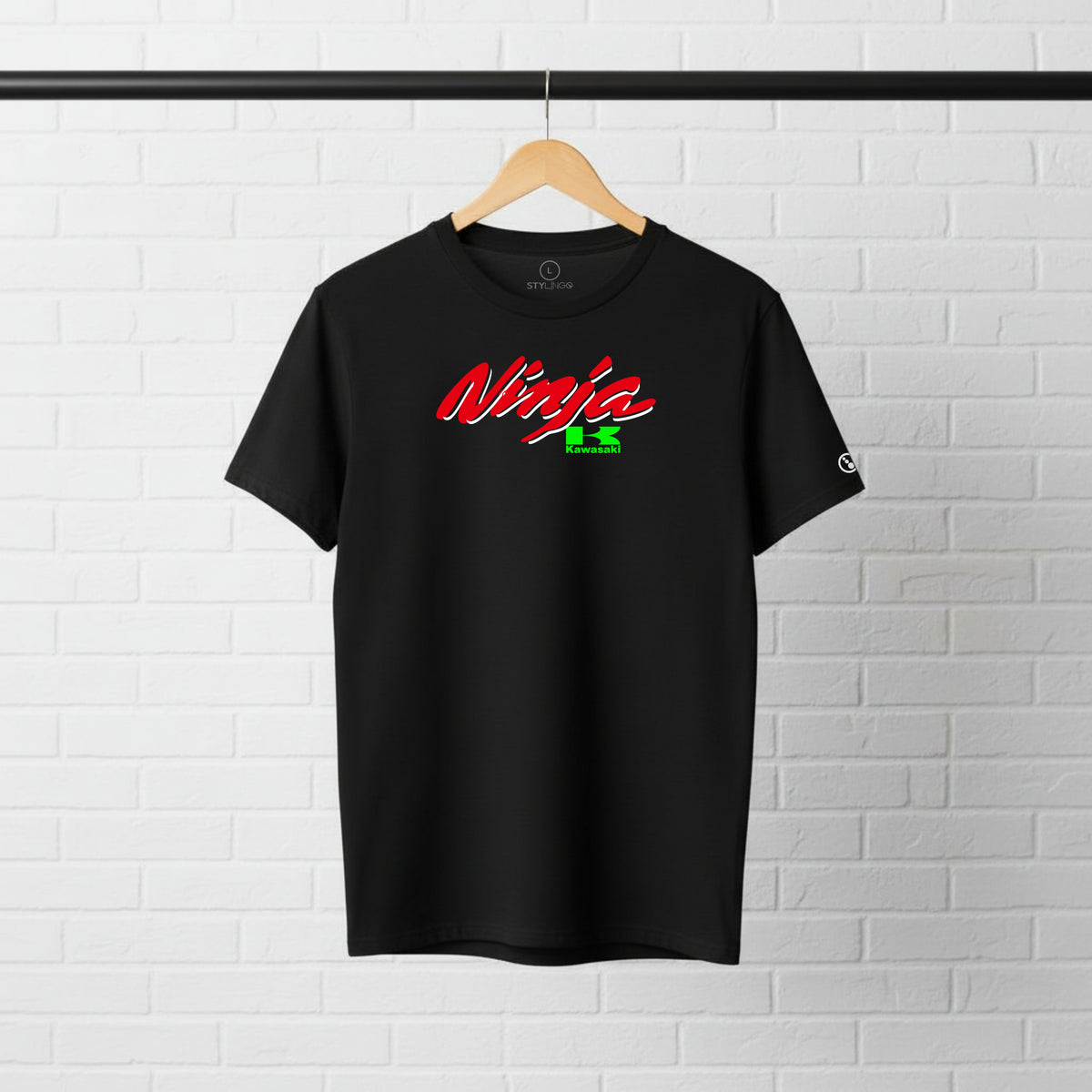 Black Stylingo Kawasaki Ninja motorcycle T-shirt featuring a Kawasaki Ninja graphic design on the chest.