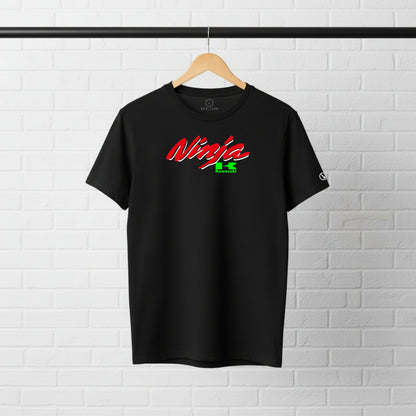 Black Stylingo Kawasaki Ninja motorcycle T-shirt featuring a Kawasaki Ninja graphic design on the chest.
