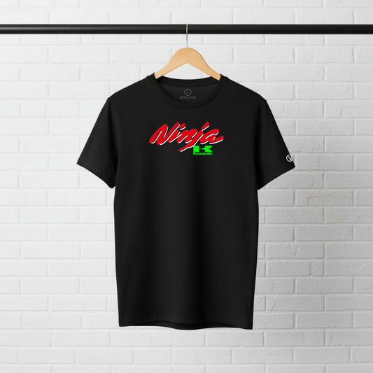 Black Stylingo Kawasaki Ninja motorcycle T-shirt featuring a Kawasaki Ninja graphic design on the chest.