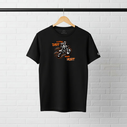 Black Stylingo Little Dirt motorcycle T-shirt featuring a dirt bike graphic design on the chest.