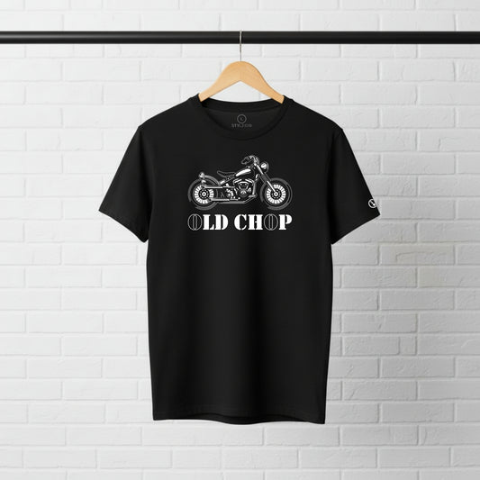 Black Stylingo Old Chop motorcycle T-shirt featuring a bold motorcycle graphic design on the chest.