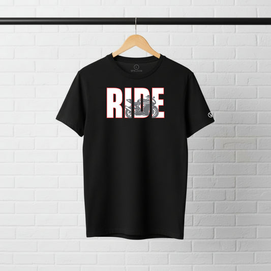 Black Stylingo RIDE motorcycle T-shirt featuring a bold motorcycle graphic design on the chest.