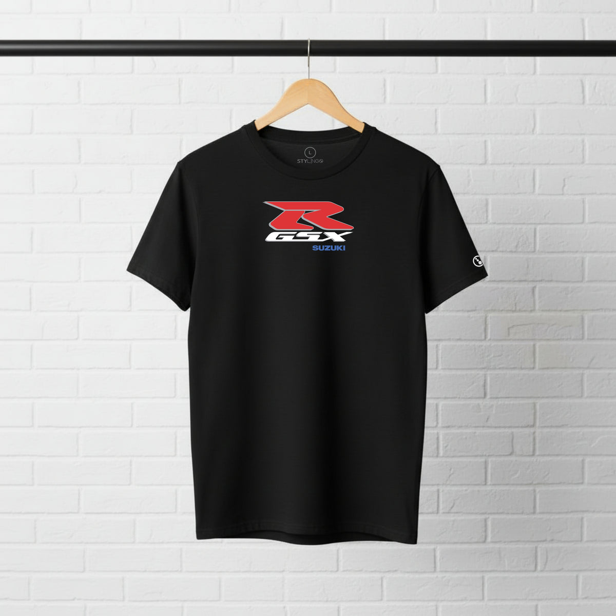 Black Stylingo Suzuki GSX R motorcycle T-shirt featuring a Suzuki GSX R graphic design on the chest.