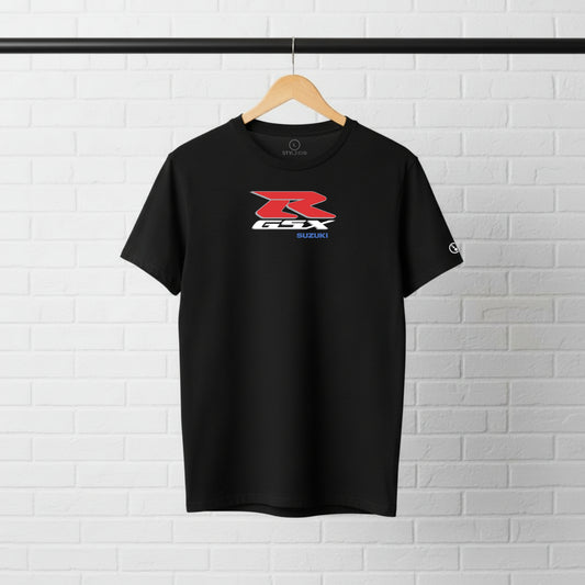Black Stylingo Suzuki GSX R motorcycle T-shirt featuring a Suzuki GSX R graphic design on the chest.