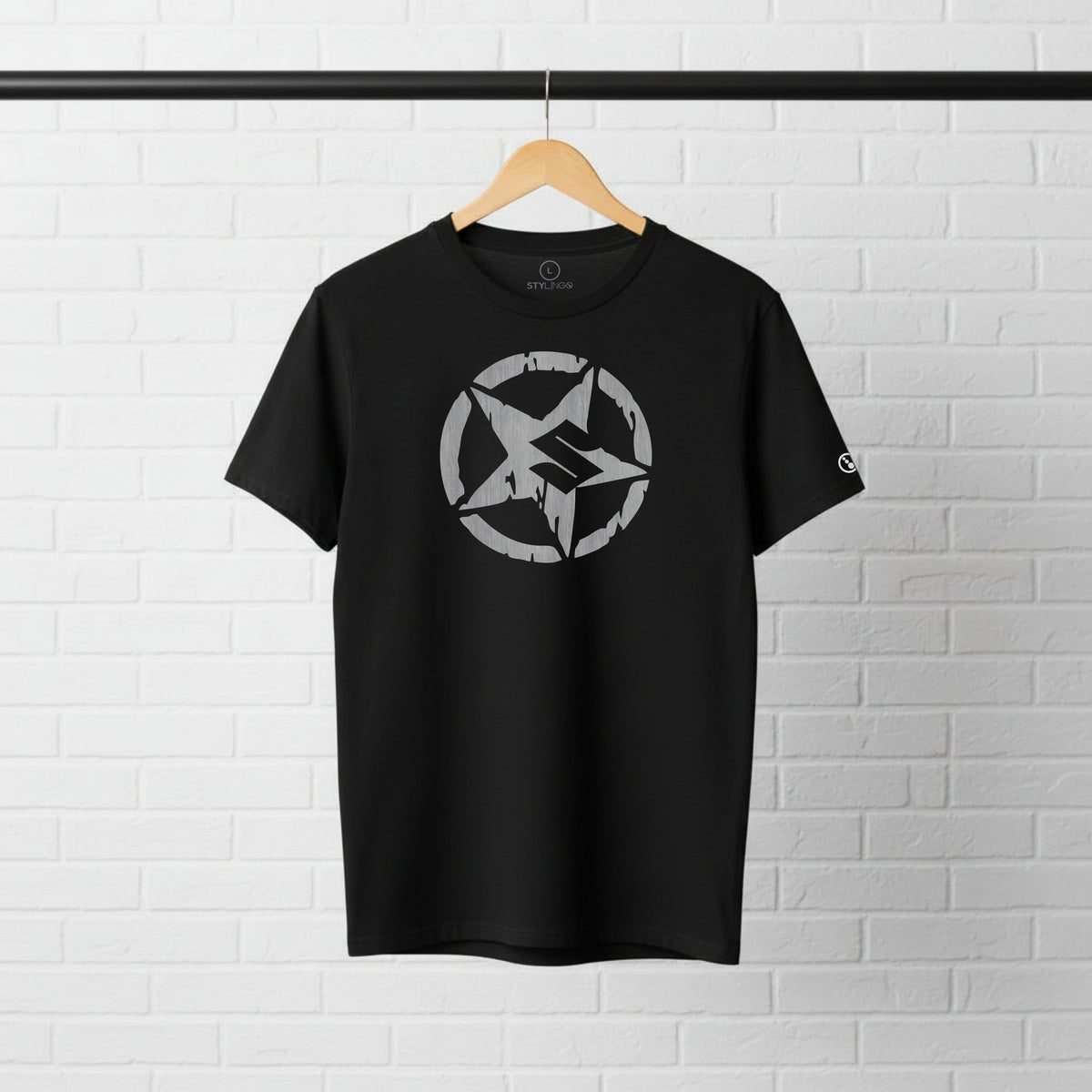 Black Stylingo Suzuki Punisher motorcycle T-shirt featuring a Suzuki-inspired Punisher graphic design on the chest.