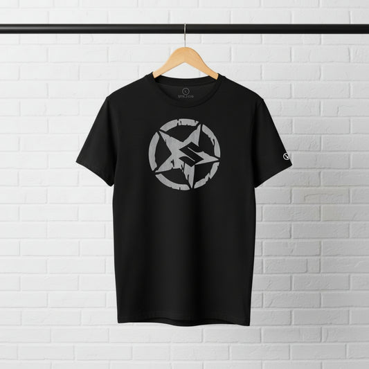 Black Stylingo Suzuki Punisher motorcycle T-shirt featuring a Suzuki-inspired Punisher graphic design on the chest.