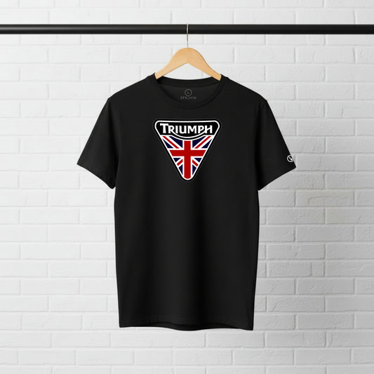 Black Stylingo Triumph motorcycle T-shirt featuring a Triumph graphic design on the chest.